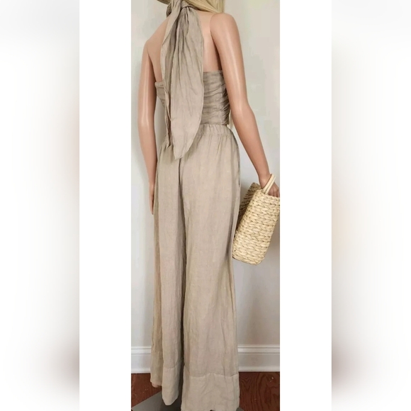 ZARA HALTER TOP SMOCKED BACK THICK STRAPS LINEN DARK BEIGE CROOPED TOP LARGE - Picture 6 of 16